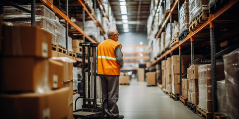 Mid distance view of senior male worker pushing cart on aisle in warehouse - Powered by Adobe