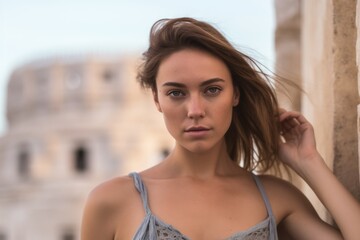 Close-up portrait photography of a tender mature woman wearing a lace bralette at the acropolis in athens greece. With generative AI technology