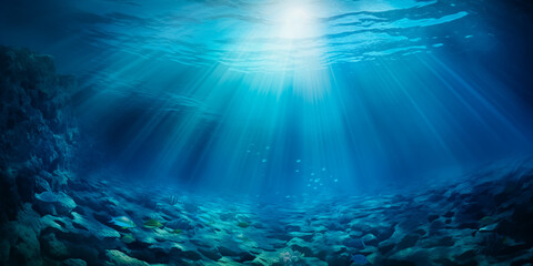 Fototapeta na wymiar Underwater Ocean Deep Sea Water Abyss With Cyan Sun light