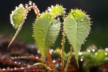 sundew plant with trapped insect in dewy tendrils