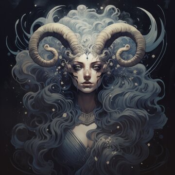 Illustration of the Aires zodiac sign as a beautiful woman with horns. Glamorous portrait of an attractive humanoid Aries girl. Fantasy portrait of a beautiful woman with ram horns, astrology.