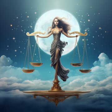 Illustration of the Libra zodiac sign as a beautiful woman with scales. Glamorous portrait of an attractive girl holding a scale. Fantasy portrait of a beautiful woman, astrology. Vector Illustration.