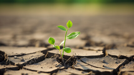 A plant growing in a hot dry desert with sunshine and rain on the horizon - new life/hope concept. Consequences of global warming such as desertification and drought.