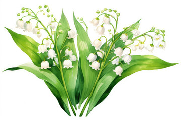 Watercolor image of a set of lily-of-the-valley flowers on a white background
