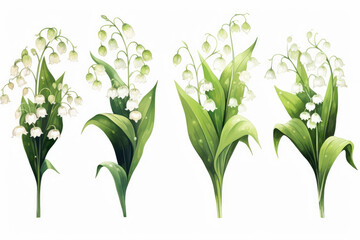 Fototapeta na wymiar Watercolor image of a set of lily-of-the-valley flowers on a white background