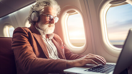 Elderly male businessman with gray hair and beard works at a laptop in a private jet. Active...