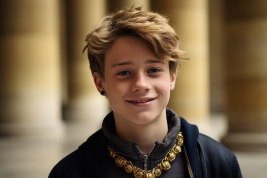 Close-up portrait photography of a grinning boy in his 30s wearing a dramatic choker necklace at the louvre museum in paris france. With generative AI technology