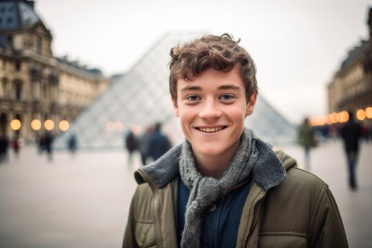 Close-up portrait photography of a grinning boy in his 30s wearing a dramatic choker necklace at the louvre museum in paris france. With generative AI technology