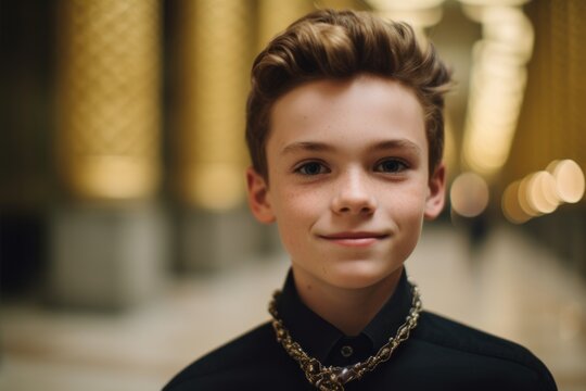 Close-up portrait photography of a grinning boy in his 30s wearing a dramatic choker necklace at the louvre museum in paris france. With generative AI technology
