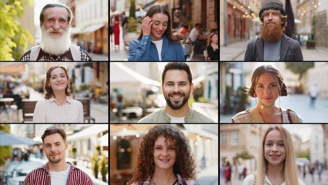 Zoom Out Montage Collage Of Smiling Happy People Portraits Diverse Gender, Different Cultures, Ages, Ethnicity. Men And Women Looking At Camera. Males And Female Faces. Diversity Of Multiethnic Humans