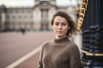 Lifestyle portrait photography of a glad girl in her 40s wearing a cozy sweater at the buckingham palace in london england. With generative AI technology - obrazy, fototapety, plakaty