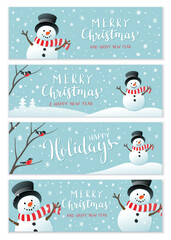 Winter holidays or Christmas background with snowman and snowflakes. Winter horizontal banner design collection. - obrazy, fototapety, plakaty