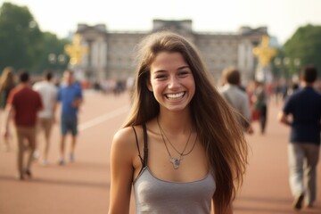 Fototapeta premium Medium shot portrait photography of a happy girl in her 20s wearing a trendy cropped top at the buckingham palace in london england. With generative AI technology