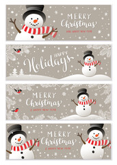 Winter holidays or Christmas background with snowman and snowflakes. Winter horizontal banner design collection. - 643704993
