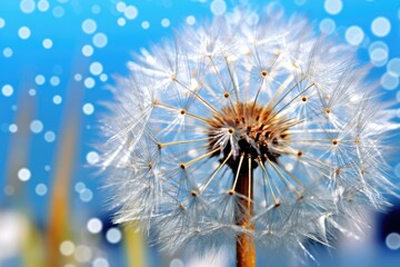 close-up of dandelion seed head against blue sky