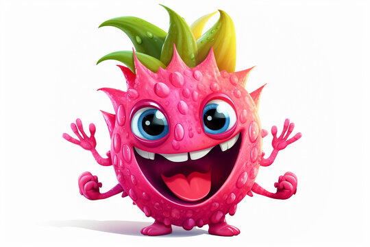 Cartoon Character Of Dragon Fruit With Funny Expression.