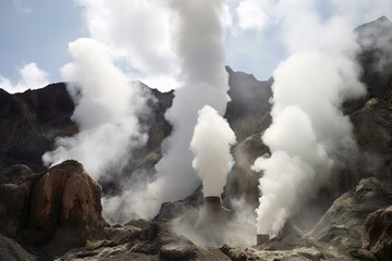 steam vents releasing pressure in volcanic terrain - obrazy, fototapety, plakaty