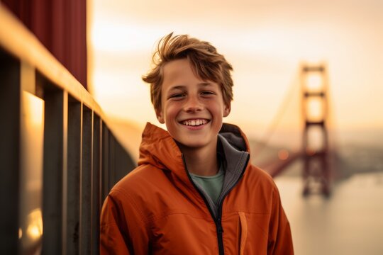 Environmental portrait photography of a joyful boy in his 30s wearing a zip-up fleece hoodie at the golden gate bridge in san francisco usa. With generative AI technology