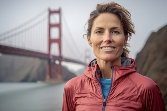 Close-up portrait photography of a tender girl in her 40s wearing a breathable mesh jersey at the golden gate bridge in san francisco usa. With generative AI technology