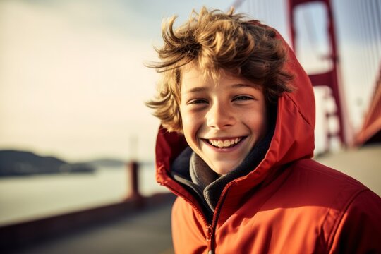 Environmental portrait photography of a joyful boy in his 30s wearing a zip-up fleece hoodie at the golden gate bridge in san francisco usa. With generative AI technology