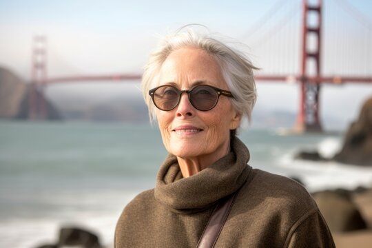 Environmental portrait photography of a glad mature woman wearing a long-sleeved thermal undershirt at the golden gate bridge in san francisco usa. With generative AI technology