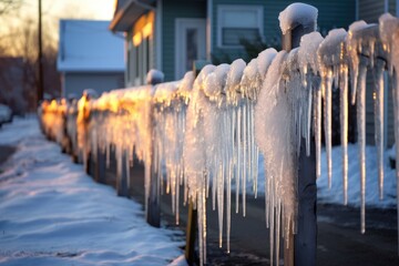 icicles glistening on a snow-covered fence - obrazy, fototapety, plakaty