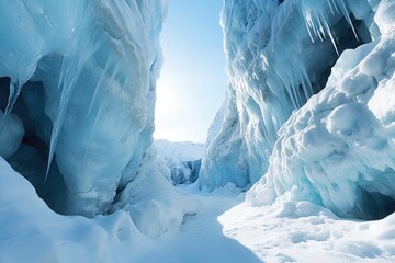 close-up of unique ice formations inside a crevasse