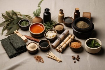 sushi ingredients and rolling tools on minimalist background
