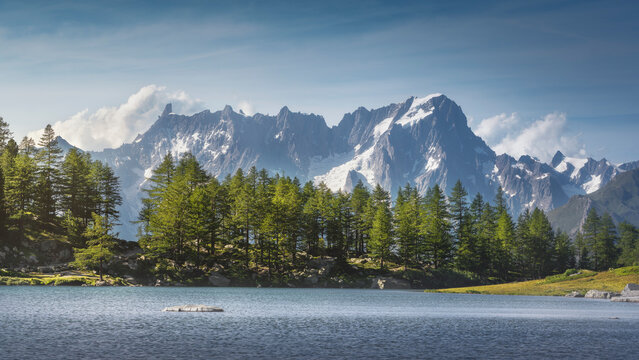 The Arpy Lake and the Mont Blanc massif in the background. Aosta Valley, Italy