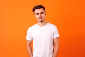 Mock up of smiling caucasian boy with beard on orange background with white shirt. Corporate image, advertising, include text