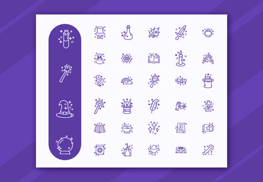 Purple and White Magic Fantasy Spell Witch Wizard Icons Set