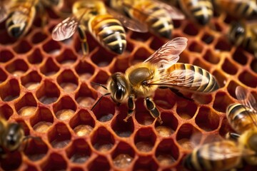 close-up of queen bee among worker bees on comb