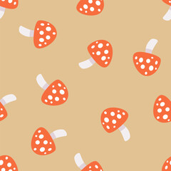 Seamless vector pattern. Cute fly mushrooms on beige background . Vector illustration