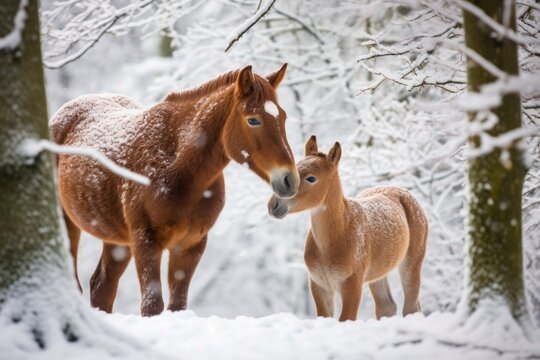 horse nuzzling foal in the snow during winter - Powered by Adobe