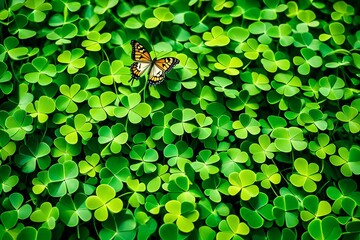 Butterfly on four leafed clovers