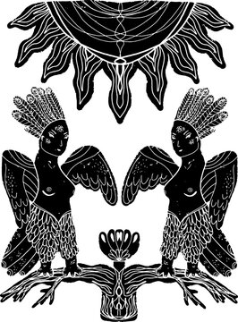 Sirins on a branch under the sun.Symmetrical composition. Vector element.