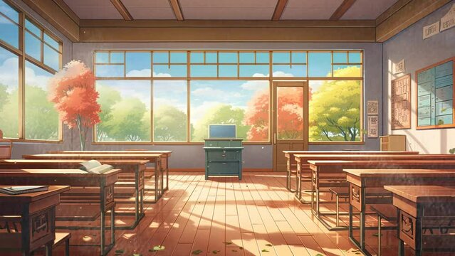 school classroom. Cartoon or Japanese anime watercolor painting illustration style. seamless looping 4K virtual video animation background