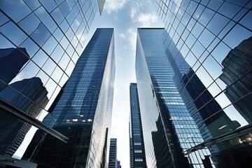 Modern Business Office Architecture in Urban Skyscrapers with Reflective Glasses and Clear Blue Sky View