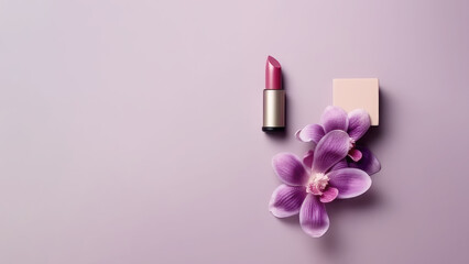 Obraz na płótnie Canvas Composition of lipstick and purple orchid for advertising cosmetic products, soft gradient background