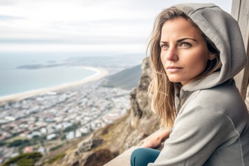 Photography in the style of pensive portraiture of a jovial girl in her 40s wearing a cozy sweater at the table mountain in cape town south africa. With generative AI technology