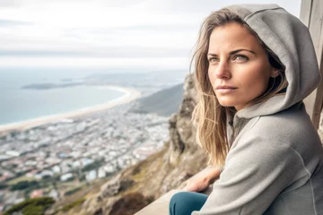 Papier Peint photo autocollant Montagne de la Table Photography in the style of pensive portraiture of a jovial girl in her 40s wearing a cozy sweater at the table mountain in cape town south africa. With generative AI technology