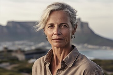 Naklejka premium Close-up portrait photography of a blissful mature woman wearing a vented fishing shirt at the table mountain in cape town south africa. With generative AI technology