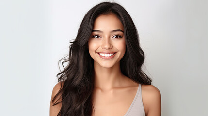 Naklejka premium A beautiful young asian indian model woman smiling with clean teeth isolated on white background. Generative Ai