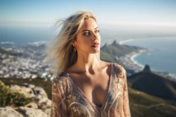 Photo sur Plexiglas Montagne de la Table Lifestyle portrait photography of a blissful girl in his 30s wearing a glamorous sequin top at the table mountain in cape town south africa. With generative AI technology