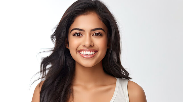 A beautiful young asian indian model woman smiling with clean teeth isolated on white background. Generative Ai