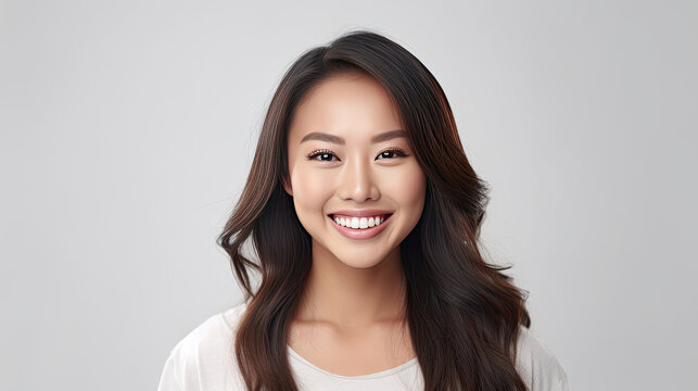 A beautiful young asian young woman smiling with clean teeth isolated on white background. Generative Ai
