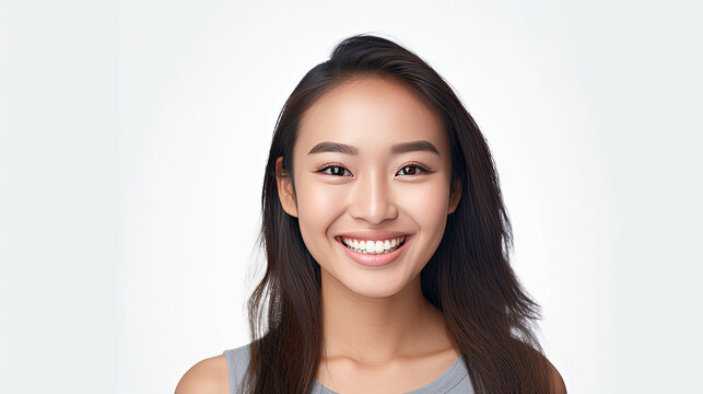 A beautiful young asian young woman smiling with clean teeth isolated on white background. Generative Ai