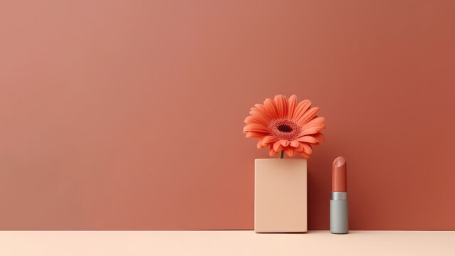 Composition of terracotta lipstick and flowers to advertise cosmetic products, soft gradient background