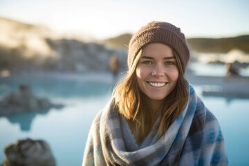 Medium shot portrait photography of a grinning girl in her 30s wearing a gorgeous silk scarf at the blue lagoon in reykjavik iceland. With generative AI technology - obrazy, fototapety, plakaty