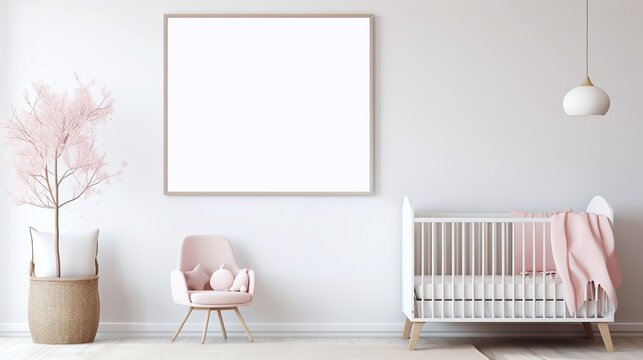 Mock up. Empty Canva. Children's room. Baby Bed. Generative AI.